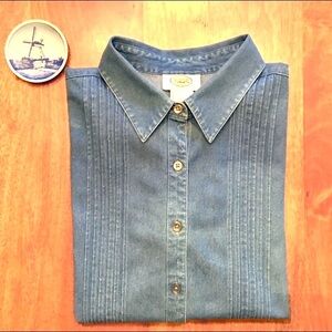 Talbots Blue Jean Denim Button Down Western Collard Pleated Long Sleeve Shirt